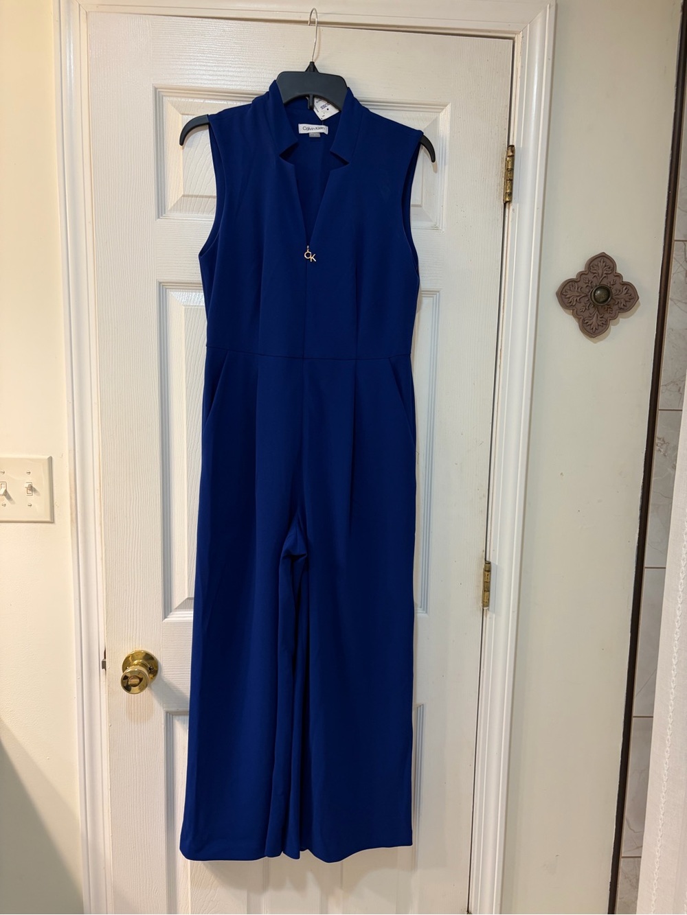 Calvin Klein Sleeveless V-Neck Wide-Leg Jumpsuit — Cobalt Blue